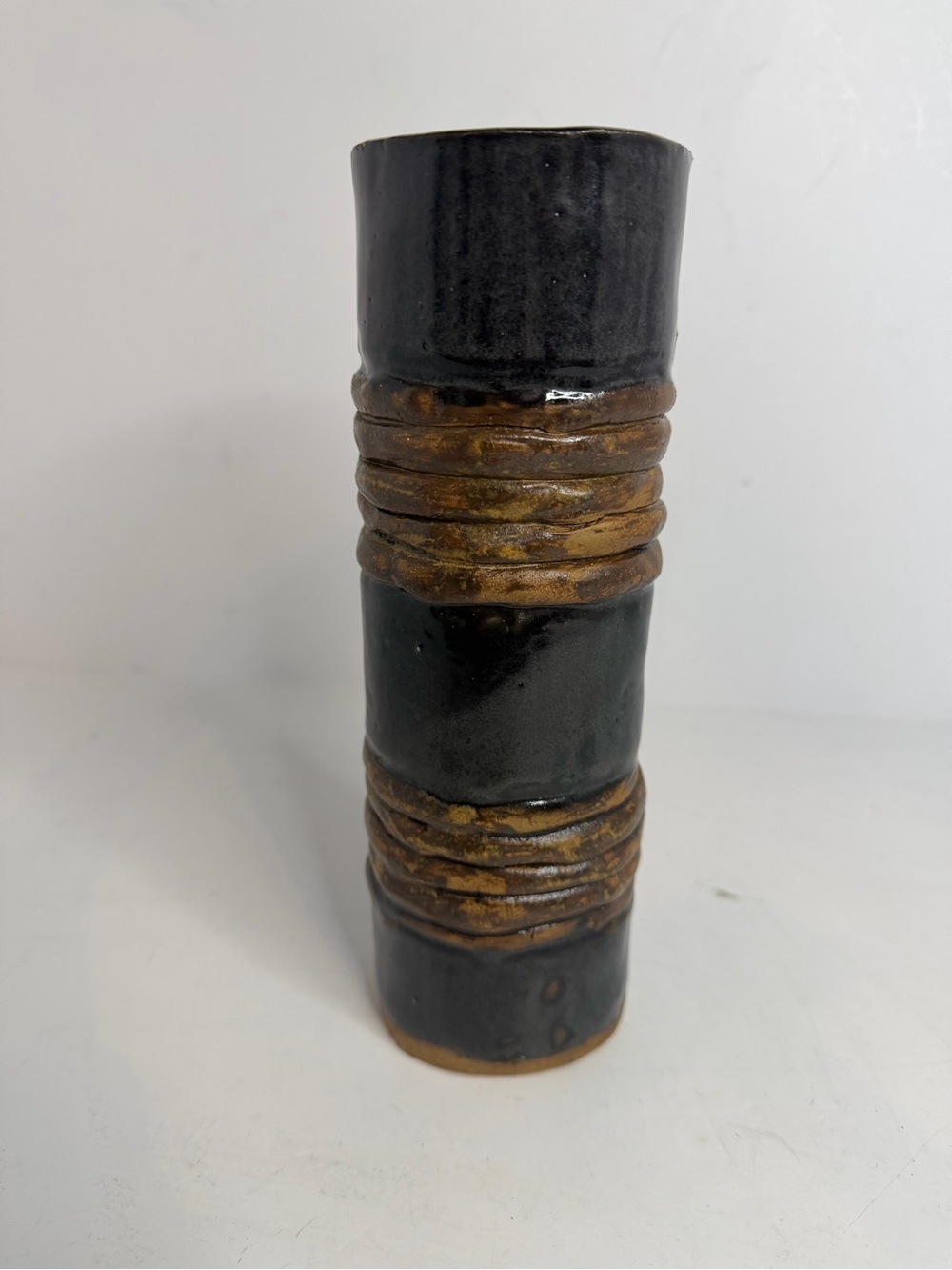 Vintage 1988 Signed Studio Pottery Vase Black Brown Ribbed Handmade 9.5”